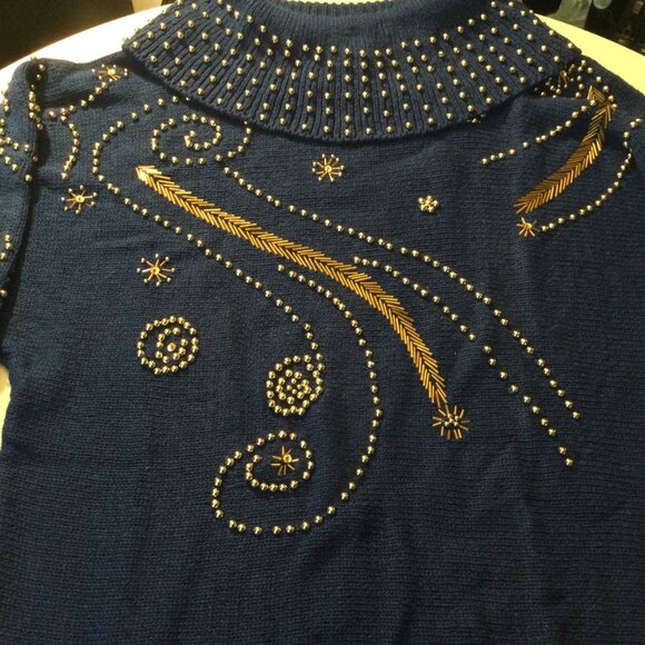 Victoria Harbour Blue n Gold Ladies Bedazzled sweater Vintage size: L - Picture 2 of 9